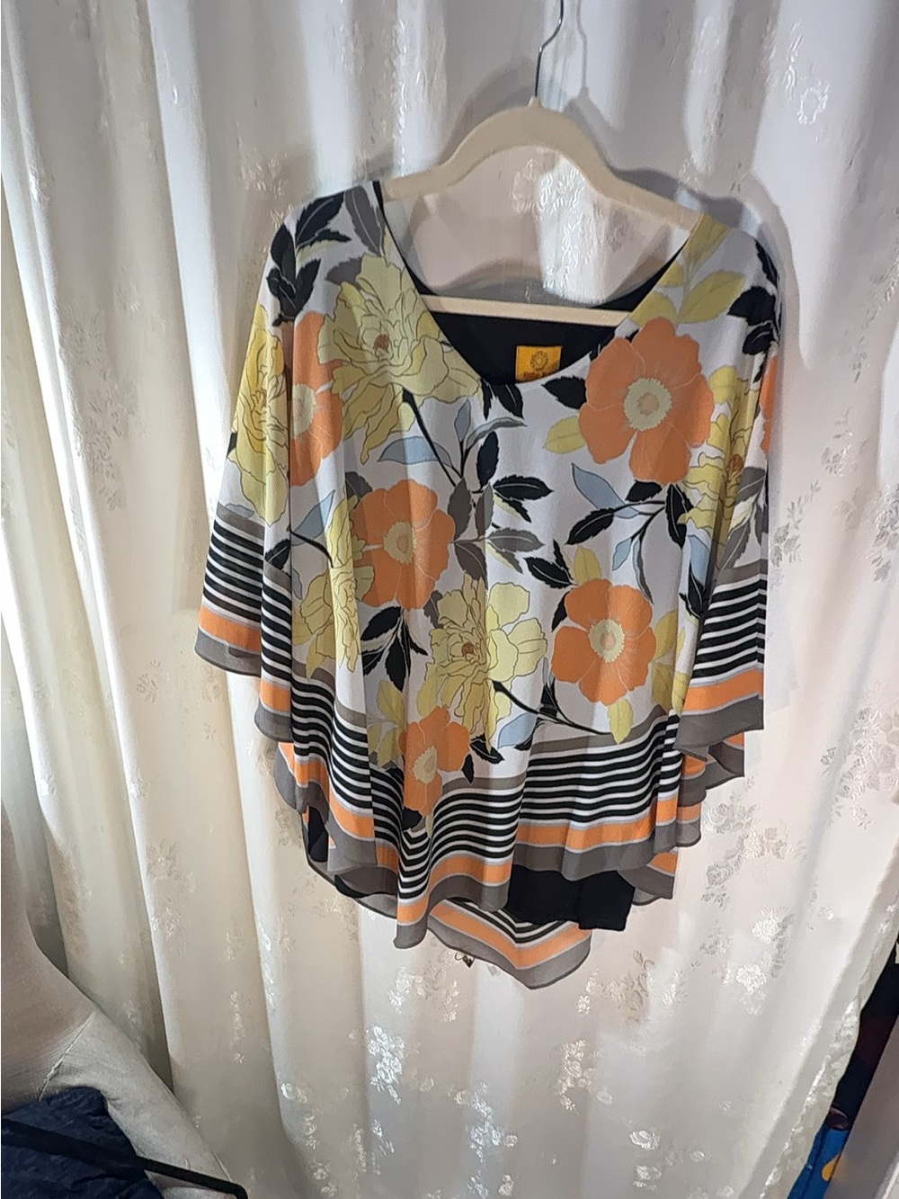 Ruby Rd. Floral V-Neck Poncho Top - Orange, Yellow & Black